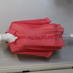 Susan Graver Button Down Blouse Size Large Sheer Dark Pink White Polka Dot